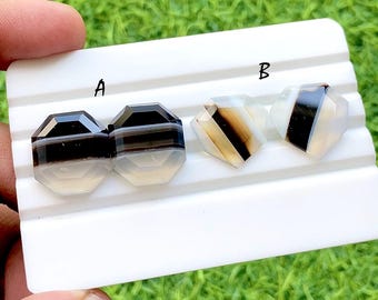 Midnight Veil Banded Agate Fancy Cut Perfect Matching Pair For Earrings, AAA+ Natural Black & White Agate Pair For Wire Wrap - 35384-35385