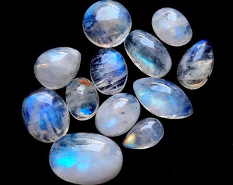 Selected Rainbow Moonstone Cabochon Gemstone 12 Pieces Lot, AAA+ Natural Rainbow Moonstone With Flat Back Gemstone For Jewelry Making 18680