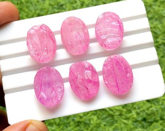 Vibrant Light Pink Color Quartz Druzy 10x20 MM Oval Shape Cabochon With Flat Back Gemstone 6 Pcs Lot For Jewelry Making, AAA+ Dyed Quartz