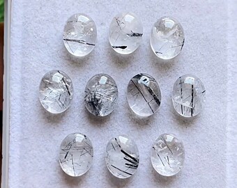 Black Rutile Quartz Oval Cabochon Calibrated Gemstone 10 Pieces Lot | Size : 8X10 MM | AAA+ Black Rutile With Flat Back For Handmade Jewelry