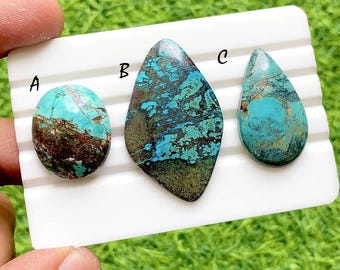Earth Vein Tibetan Turquoise Cabochon For Wire Wrap, Natural Turquoise Loose Stone, Rustic Matrix Turquoise for Jewelry Making - 37733-37735