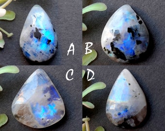 Rainbow Moonstone Cabochon With Black Tourmaline Dot , Natural Rainbow Moonstone Cabochon For Jewelry Making, Pendant -8484-8487