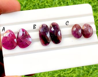 Natural Ruby Pair Rose Cut Loose Gemstone With Flat Back For Jewelry Making, AAA+ Ruby Sapphire Matching Pair For Earrings - 34329-34331