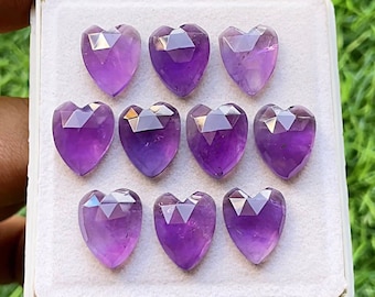 Amethyst Rose Cut Heart With Flat Back Gemstone 10 Pieces Lot | Size : 11x14 MM | AAA+ Natural Amethyst For Handmade Jewelry