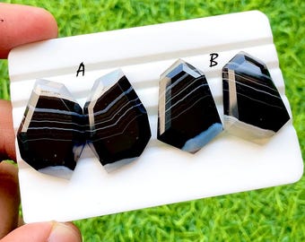 Midnight Veil Banded Agate Fancy Cut Perfect Matching Pair For Earrings, AAA+ Natural Black & White Agate Pair For Wire Wrap - 35365-35366