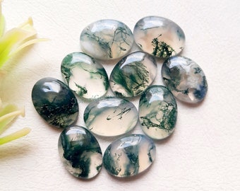 Moss Agate Oval Cabochon Gemstone With Flat Back 10 Pieces Lot | Size : 10X14 MM | AAA+ Moss Agate Oval Used For Jewelry Making