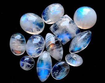 Selected Rainbow Moonstone Cabochon Gemstone 12 Pieces Lot, AAA+ Rainbow Moonstone With Flat Back Gemstone Cabochon For Jewelry Making 18683