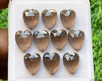 Smokey Quartz Rose Cut Heart With Flat Back Gemstone 10 Pieces Lot | Size : 11x14 MM | AAA+ Natural Smokey Quartz For Handmade Jewelry