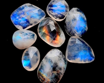 Selected Rainbow Moonstone Rose Cut Slice 8 Pieces Lot For Jewelry Making, AAA+ Rainbow Moonstone Rose Cut With Flat Back Gemstone - 24061