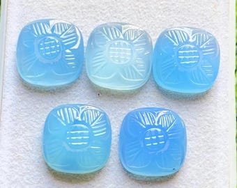 Blue Chalcedony 16 MM Cushion Shape Hand Carving Gemstone With Flat Back 5 Pieces Lot, AAA+ Blue Chalcedony Handcarved Gemstone For Jewelry
