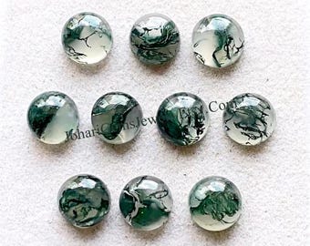 Moss Agate 8 MM Round Shape Smooth Cabochon Gemstone 10 Pieces Lot, AAA+ Natural Moss Agate With Flat Back For Jewelry Making