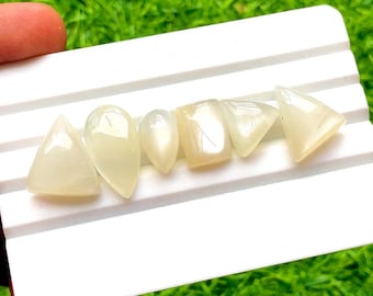 White Moonstone Cabochon Loose Gemstone 6 Pieces Lot For Jewelry Making | Size : 21-12 MM | AAA+ Natural White Moonstone For Jewelry - 30313