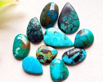 Hubei Turquoise Cabochon Loose Gemstone 10 Pieces Lot | Size : 15-10 MM | AAA+ Natural Hubei Turquoise For Handmade Jewelry - 13951