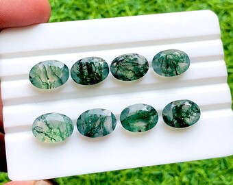 Moss Agate 10x14 MM Faceted Oval Shape With Pointed Back Gemstone 8 Pieces Lot For Jewelry Making, AAA+ Moss Agate For Handmade Jewelry