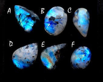 Rainbow Moonstone Cabochon With Black Tourmaline Dot For Jewelry Making, AAA+ Natural Rainbow Moonstone Cabochon For Wire Wrap - 35013-35018