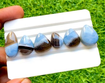 Blue Owyhee Opal Cabochon Loose Gemstone 6 Pieces Lot | Size : 25-15 MM | AAA+ Natural Blue Owyhee Opal For Handmade Jewelry - 30730