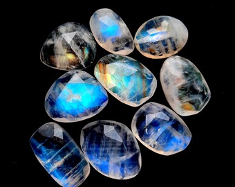 Rainbow Moonstone Rose Cut Slice 9 Pieces Lot For Jewelry Making, AAA+ Natural Rainbow Moonstone Rose Cut With Flat Back Gemstone - 24054