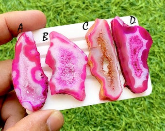 Hot Pink Druzy Agate Slice For Wire Wrap, Dyed Geode Crystal Slabs, Natural Banded Agate Loose Gemstones for Jewelry Making - 36453-36456