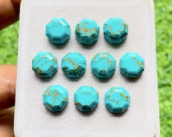 Copper Turquoise 10 MM Octagon Shape Fancy Cut Gemstone 10 Pieces Lot, AAA+ Copper Turquoise With Flat Back For Jewelry Making