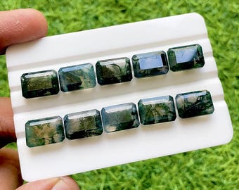 Moss Agate 10x14 MM Faceted Emerald Cut Shape With Pointed Back Gemstone 10 Pieces Lot For Handmade Jewelry Making, Faceted Gemstone Lot