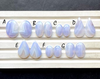 NEW Blue Lace Agate Pair Cabochon Loose Gemstone For Jewelry Making, AAA+ Natural Blue Lace Agate Matching Pair For Earrings - 32914-32920