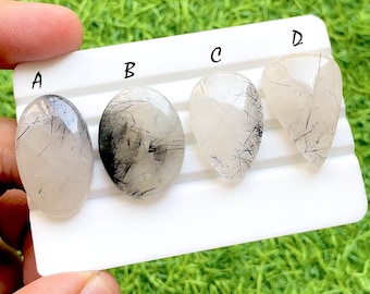 Midnight Needle Rutilated Quartz Cabochon For Wire Wrap, Natural Black Tourmalinated Quartz Pear & Fancy Shape Loose Gemstones - 36080-36083