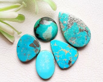 Tibetan Turquoise Cabochon Loose Gemstone 5 Pieces Lot | Size 21-11 MM | Natural Tibetan Turquoise For Handmade Jewelry and Wirewrap - 7625