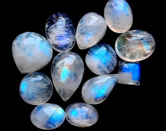 Selected Rainbow Moonstone Cabochon Gemstone 12 Pieces Lot, AAA+ Rainbow Moonstone With Flat Back Gemstone Cabochon For Jewelry Making 18684