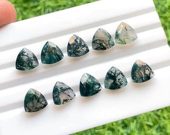 Moss Agate 10 MM Faceted Trillion Shape With Pointed Back Gemstone 10 Pieces Lot For Jewelry Making, AAA+ Moss Agate For Handmade Jewelry