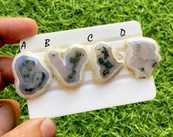 Forest Veil Moss Agate Slice Loose Cabochon, Natural Raw Edge Green Inclusion Stone, Organic Designer Gemstone For Jewelry - 37452-374455
