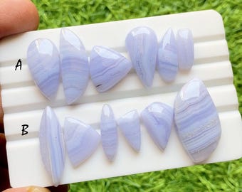 Blue Lace Agate Cabochon Loose Gemstone 6 Pieces Lot For Jewelry Making, AAA+ Natural Blue Lace Agate Cabochon Lot - 30954-30955