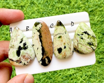 Forest Vein Chrome Chalcedony Cabochon For Wire Wrap, Natural Green Pattern Chalcedony Gemstone Lot For Jewelry Making - 36813-36816