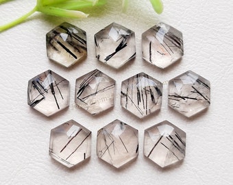 Black Rutile Quartz Hexagon Shape Rose Cut 10 MM | Black Rutile Quartz Rose Cut Flat Back Gemstone 10 Pieces Lot For Jewelry Making