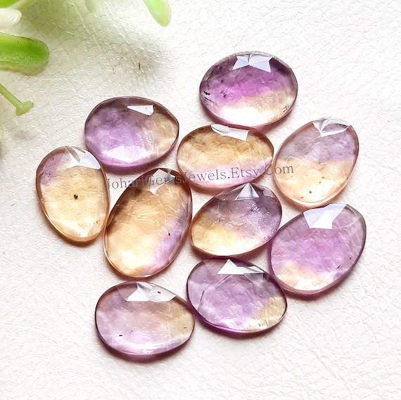 Natural Ametrine Gemstone Rose Cut Slice - Ametrine Rose Cut Flat Back Gemstone 10 Pieces Lot For Jewelry Making, Pendant, Ring