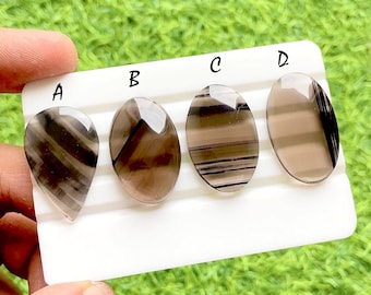 Shadow Line Obsidian Loose Cabochon For Wire Wrap, Natural Black Banded Stone, Elegant Designer Gemstone For Jewelry Making - 37677-37680