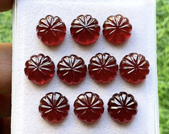 Hessonite Garnet 12 MM  Hand Carved Flower Round With Flat Back 10 Pieces Lot, AAA+ Natural Hessonite Garnet Gemstone For Handmade Jewelry