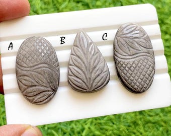 Hand Carved Silver Obsidian Loose Gemstone Cabochon, Mughal Art Carving Natural Gemstones, Carving Cabochon For Jewelry Making - 38281-38283