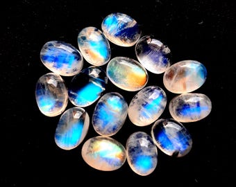 Rainbow Moonstone Cabochon 7X5 MM Round Gemstone 15 Pieces Lot, AAA+ Natural Rainbow Moonstone Oval With Flat Back For Jewelry Making 15464