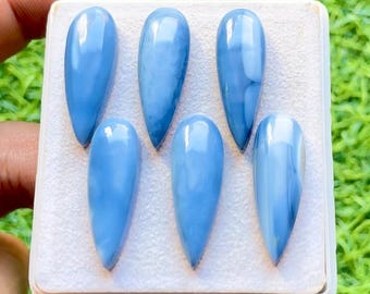 Blue Opal 10x30 MM Pear Shape Calibrated Smooth Cabochon With Flat Back Gemstone 6 Pieces Lot For Handmade Jewelry, AAA+ Blue Opal Stone