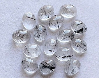 Black Rutile Quartz Oval Cabochon Calibrated Gemstone 15 Pieces Lot | Size : 6X8 MM | AAA+ Black Rutile With Flat Back For Handmade Jewelry