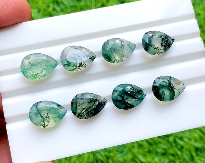 Featured listing image: Moss Agate 10x14 MM Faceted Pear Shape With Pointed Back Gemstone 8 Pieces Lot For Jewelry Making, AAA+ Moss Agate For Handmade Jewelry