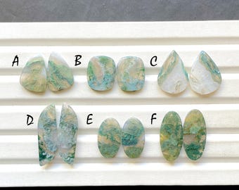 Moss Agate Pair Cabochon Loose Gemstone For Jewelry Making, AAA+ Natural Moss Agate Matching Pair Gemstone For Wire Wrap - 29848-29853