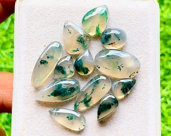 Moss Agate Gemstone Cabochon With Flat Back 12 Pieces Gemstone Lot | Size : 20-10 MM | AAA+ Natural Moss Agate For Handmade Jewelry - 28457