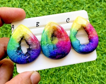 Rainbow Aura Druzy Agate Cabochon For Wire Wrap, Colorful Crystal Geode Gemstone, Titanium Druzy Cabochons for Jewelry Making - 36464-36466