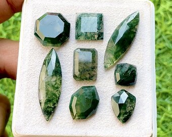 Moss Agate Fancy Cut Mix Shape With Flat Back Gemstone 8 Pieces Lot For Jewelry Making | Size : 12-28 MM | AAA+ Natural Moss Agate Lot 34573