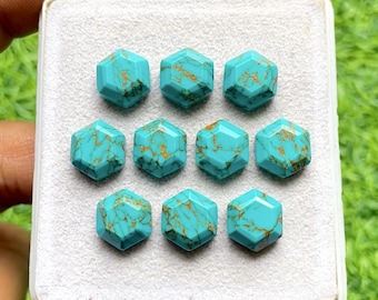 Copper Turquoise 10 MM Hexagon Shape Fancy Cut Gemstone 10 Pieces Lot, AAA+ Copper Turquoise With Flat Back For Jewelry Making