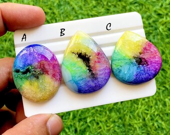Rainbow Aura Druzy Agate Cabochon For Wire Wrap, Colorful Crystal Geode Gemstone, Titanium Druzy Cabochons for Jewelry Making - 36467-36469