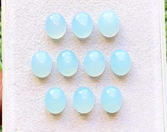 Aqua Chalcedony 7X9 MM Oval Shape Smooth Cabochon Gemstone 10 Pieces Lot, AAA+ Natural Chalcedony With Flat Back For Jewelry Making