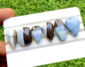 Blue Owyhee Opal Cabochon Loose Gemstone 6 Pieces Lot | Size : 24-18 MM | AAA+ Natural Blue Owyhee Opal For Handmade Jewelry - 30731