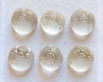 Clear Quartz 14 MM Round Shape Hand Carving Gemstone With Flat Back 6 Pieces Lot, AAA+ Natural Quartz Handcarved Gemstone For Jewelry Making